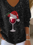Women's Long Sleeve T-shirt Spring/Fall Black Christmas Printing V Neck Daily Going Out Casual Top