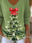 Women's Long Sleeve T-shirt Spring/Fall Green Christmas Printing V Neck Daily Going Out Casual Top