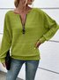 Casual Plain Zipper V Neck T-shirt