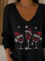 Women's Long Sleeve T-shirt Spring/Fall Black Christmas Printing V Neck Daily Going Out Casual Top