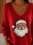 Women's Long Sleeve T-shirt Spring/Fall Red Christmas Printing V Neck Daily Going Out Casual Top