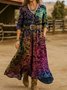 V Neck Vintage Loose Gradient Pattern Dress With No