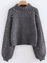 Girly Balloon Sleeve Plain Mock Neck Cotton-Blend Sweater