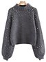 Girly Balloon Sleeve Plain Mock Neck Cotton-Blend Sweater