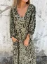 Women's Long Sleeve Spring/Fall Army Green Floral Split Joint V Neck Balloon Sleeve Daily Going Out Vintage Maxi A-Line T-Shirt Dress Dress