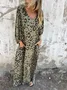 Women's Long Sleeve Spring/Fall Army Green Floral Split Joint V Neck Balloon Sleeve Daily Going Out Vintage Maxi A-Line T-Shirt Dress Dress