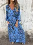 Women's Long Sleeve Spring/Fall Army Green Floral Split Joint V Neck Balloon Sleeve Daily Going Out Vintage Maxi A-Line T-Shirt Dress Dress