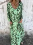 Women's Long Sleeve Spring/Fall Army Green Floral Split Joint V Neck Balloon Sleeve Daily Going Out Vintage Maxi A-Line T-Shirt Dress Dress