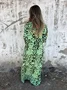 Women's Long Sleeve Spring/Fall Army Green Floral Split Joint V Neck Balloon Sleeve Daily Going Out Vintage Maxi A-Line T-Shirt Dress Dress