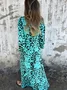 Women's Long Sleeve Spring/Fall Army Green Floral Split Joint V Neck Balloon Sleeve Daily Going Out Vintage Maxi A-Line T-Shirt Dress Dress