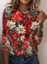 Women's Long Sleeve T-shirt Spring/Fall Red Floral Printing Jersey Crew Neck Daily Going Out Casual Top