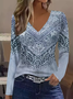 Women's Long Sleeve T-shirt Spring/Fall Blue Abstract Printing Jersey V Neck Daily Going Out Casual Top