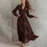 Retro Vacation Print Long-Sleeved V-Neck Fitted Waist Puff Sleeve Maxi Dress