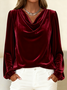 Plain Cowl Neck Elegant Balloon Sleeve Loose T-Shirt