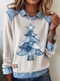 Women's Casual Christmas Printed Collared Denim Patchwork Sweatshirt