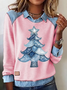 Women's Casual Christmas Printed Collared Denim Patchwork Sweatshirt