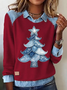 Women's Casual Christmas Printed Collared Denim Patchwork Sweatshirt