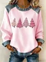 Women's Casual Christmas Print Crew Neck Denim Patchwork Sweatshirt