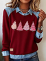 Women's Casual Christmas Printed Collared Denim Patchwork Sweatshirt