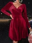 Women's Long Sleeve Spring/Fall Red Plain Split Joint V Neck Daily Going Out Casual Midi A-Line Party Dress Dress