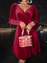 Women's Long Sleeve Spring/Fall Red Plain Split Joint V Neck Daily Going Out Casual Midi A-Line Party Dress Dress