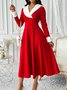 Women's Long Sleeve Spring/Fall Red Plain Split Joint V Neck Daily Going Out Casual Maxi A-Line Tank Dress