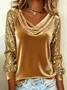 Women's Long Sleeve T-shirt Spring/Fall Golden Plain Glitter Cowl Neck Daily Going Out Vintage Top