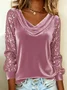 Women's Long Sleeve T-shirt Spring/Fall Golden Plain Glitter Cowl Neck Daily Going Out Vintage Top