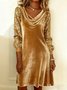 Women's Long Sleeve Spring/Fall Golden Plain Split Joint Cowl Neck Daily Going Out Street Midi A-Line Sequin Dress