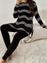 Women's Printing Striped Daily Going Out Two-Piece Set Black Casual Spring/Fall Top With Pants Matching Set