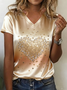 Champagne V Neck Heart Print Party/Going Out T-Shirt