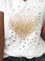 White Jersey Heart/Cordate Print Casual V Neck T-Shirt