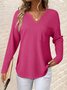 Women's Long Sleeve T-shirt Spring/Fall Deep Pink Plain Split Joint V Neck Daily Going Out Casual Top