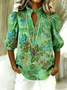 Floral Casual Loose Shawl Collar Puff Sleeve Shirt