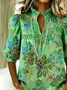 Floral Casual Loose Shawl Collar Puff Sleeve Shirt