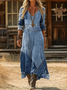 Women's Long Sleeve Spring/Fall Blue Faux Denim Print Graphic Printing V Neck Daily Going Out Vintage Maxi H-Line Dress