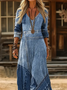 Women's Long Sleeve Spring/Fall Blue Faux Denim Print Graphic Printing V Neck Daily Going Out Vintage Maxi H-Line Dress