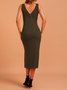 Green Cotton Solid V Neck Casual Knitting Dress