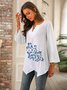 White Casual Butterfly Printed V Neck Shift 3/4 Sleeve Tops