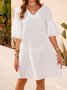 Zolucky White Solid Half Sleeve V Neck Mini Summer Weaving Dress