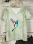Bird Print V Neck Cotton-Blend Short Sleeve T-Shirts
