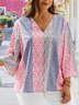 Plus Size Loose Disty Floral Half Open Collar Casual Shirt