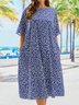 Plus Size Loose Vacation Blue Floral Notched Dress