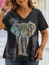 Plus Size Elephant Jersey Casual V Neck T-Shirt