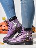 Street All Season Skull Printing Low Heel Best Sell Pu Rubber Lace-Up Boots for Women