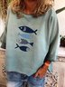 Blue Casual Round Neck Printed Fish T-shirt