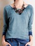 Blue Plain Long Sleeve Cotton-Blend Crew Neck Tops