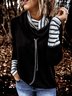 Black Stand Collar Stripes Long Sleeve Cotton-Blend Top