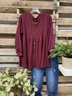 Wine Red Long Sleeve Solid Round Neck Cotton-Blend T-shirt
