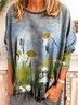 Long Sleeve Crew Neck Oil painting flowers Shirt & Top